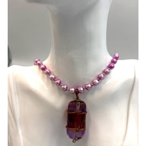 Pink Beaded Necklace with Purple Glass Pendant 2268